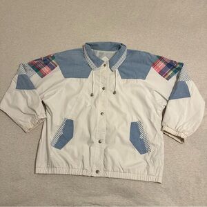 Vintage Women's Bomber Jacket in White and Blue